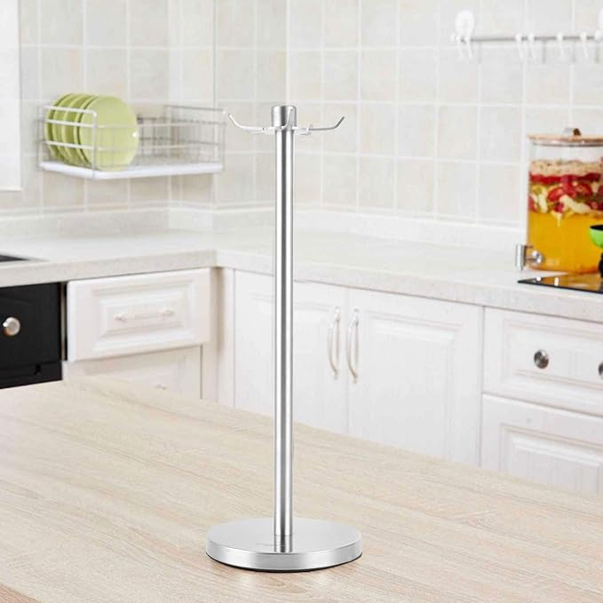 Stainless Steel Kitchen Utensil Holder, 360 Degree Rotating Utensil Rack with 5 Hooks, Kitchenware Storage Rack, Countertop Spatula Spoon Soup Ladle Holder