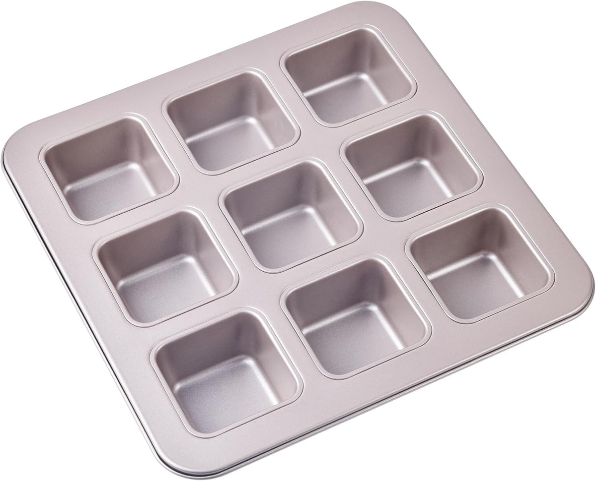 Brownie Cake Pan, 9-Cavity Non-Stick Square Muffin Pan Blondie Bakeware for Oven Baking (Champagne Gold)