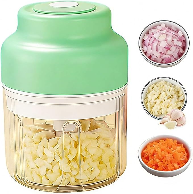 Electric Garlic Chopper Mini, Upgraded Rechargeable Veggie Chopper With Storage and Cover, One-Touch Food Processor with 4 Stainless Steel Blades for Onion Meat Chili Ginger (Green, 320ml)