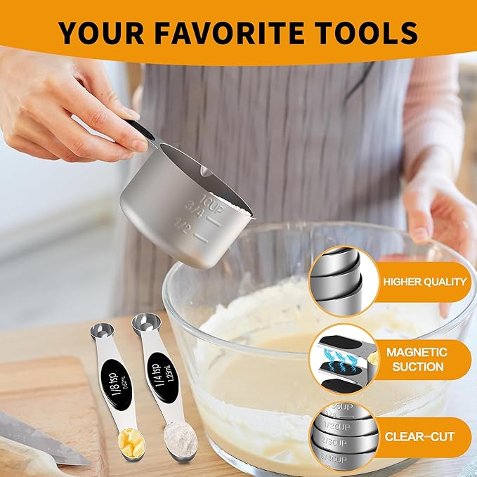 Magnetic Measuring cups and spoons Set, 304 Stainless Steel 5 Magnetic Measuring Cup and 8 Double Sided Measuring Spoons with 1 Leveler，Kitchen Gadgets for Cooking & Baking