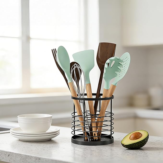 Utensil holder for Kitchen Counter - 5.2" x 5.2" x 6" Large Round Utensils Holder with Wooden Base Matte Black Cooking Utensil Holder，Kitchen countertop Utensil Organizer (Metal-1)