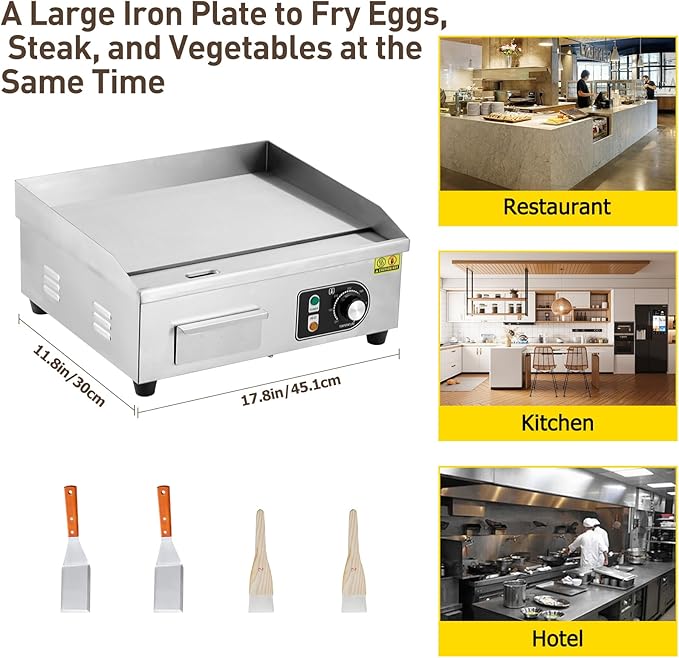 18" 1500W Stainless Steel Electric Griddle, Commercial Countertop Flat Top Grill with Adjustable 122–572°f Thermostat, Includes 2 Spatulas & Cleaning Brushes, Plug-in Grill for Indoor/Outdoor Cooking