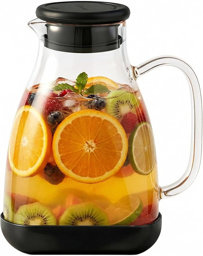 Glass Pitcher with Lid, 68 oz(1/2 Gallon), Hot/Cold Glass Water Jug with Silicone Lid, Borosilicate Glass Carafe Wide Mouth Juice and Iced Tea Beverage Serveware (Flat)