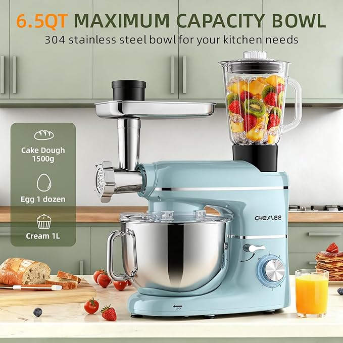 CHeflee Multifunctional Stand Mixer,660W, 6.5QT With Meat Grinder, Vegetable Slicer &1.5L Juice Blender,for Most Home Cooks,Blue