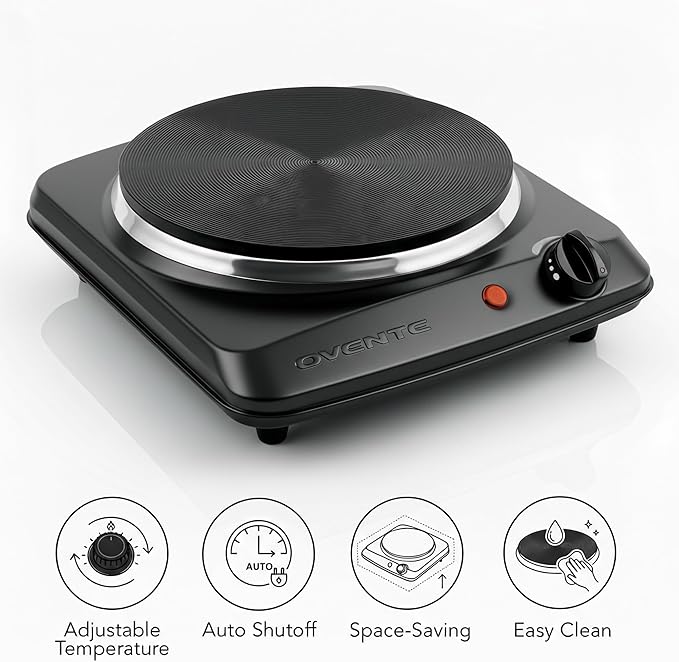 OVENTE Electric Countertop Single Burner, 1000W Cooktop with 7.25 Inch Cast Iron Hot Plate, 5 Level Temperature Control, Compact Cooking Stove and Easy to Clean Stainless Steel Base, Black BGS101B