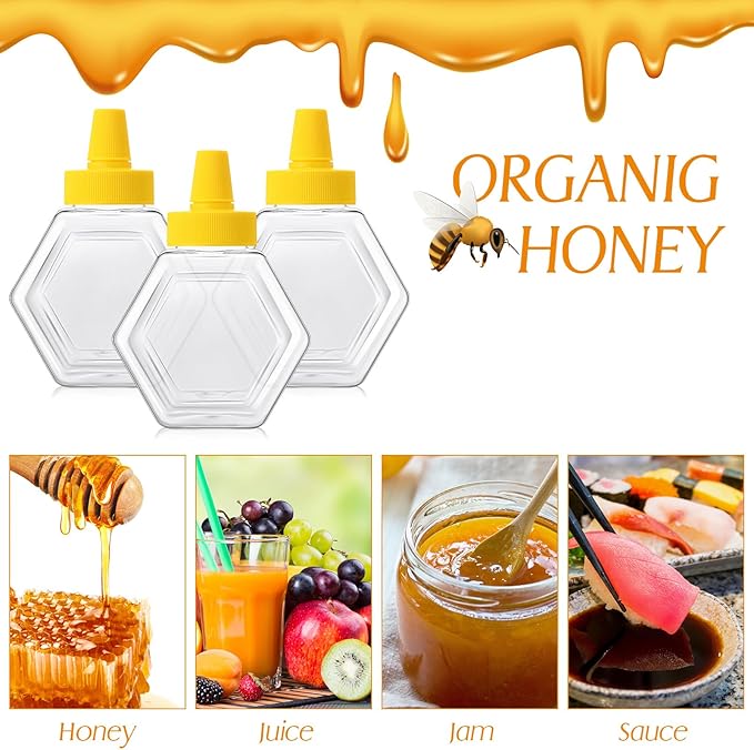 Ziliny 32 Pcs 12 oz Honey Squeeze Bottle Plastic Empty Beehive Bottle Jar with Spout Lid Clear Refillable Honey Containers for Condiment Storing and Dispensing Dispenser, Hexagon Shape