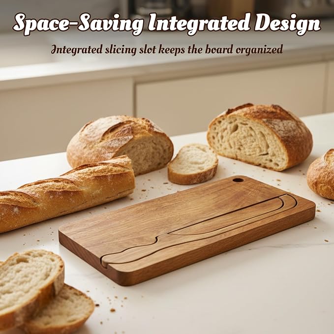 Bread Slicer and Bow Knife Set with Wooden Cutting Board, 8 Inch Serrated Steel Bread Knife for Sourdough & Homemade Bread, Ergonomic Handle with Matching Crumb Tray, Ambidextrous Design
