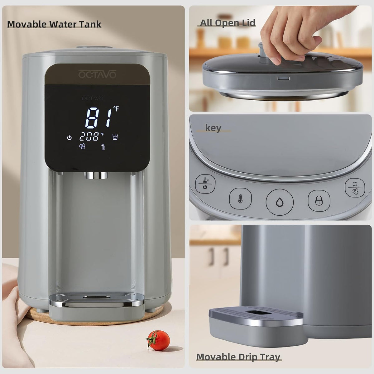 OCTAVO Water Boiler & Warmer 5 Liter, 304 Stainless Steel Water Tank, 700 Watt 6 Adjustable Water Temperature, LCD Touch Control Screen, Child Lock with Water Shortage Indicator