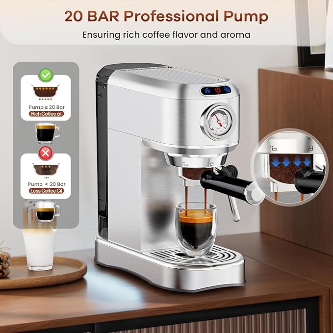Espresso Machine with Milk Frother, 20 Bar Stainless Steel Coffee Machine, Espresso Maker with 34oz Removable Water Tank for Home, Office, Women or Men
