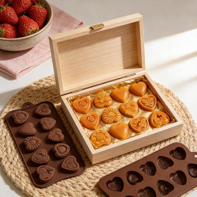 2 Pack 10-Design Love Rose Heart Silicone Molds Non-Stick Food Grade Easy Release for Chocolate Candy Gummy Ice Cubes Soap Perfect for Valentine's Day DIY Gifting