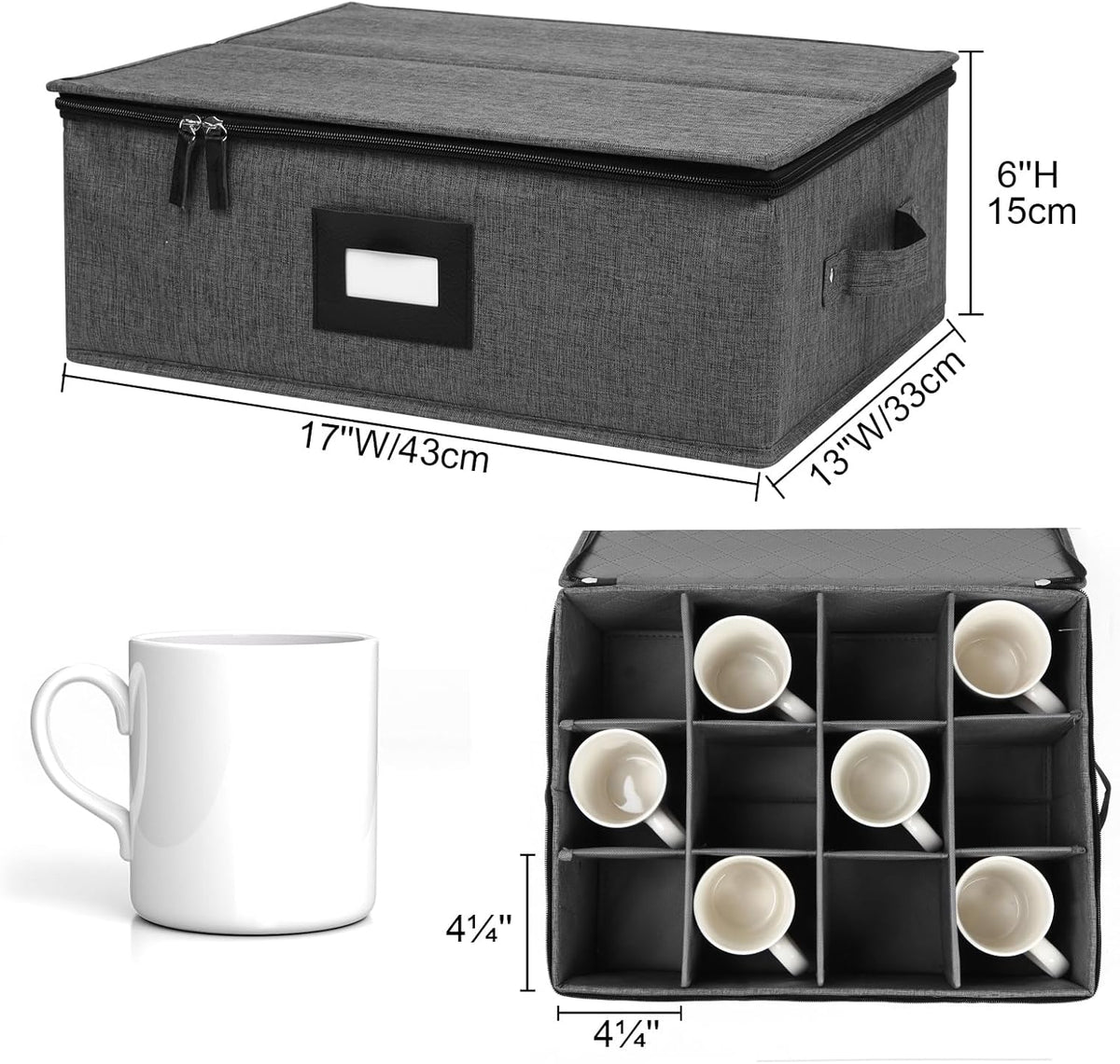 Cup and Mug Storage Box 2Pack, China Storage Containers for 12 Tea Cups or Coffee Mugs with Zipper Lid and Rivet Reinforced Handles, Hard Shell and Stackable (Black)