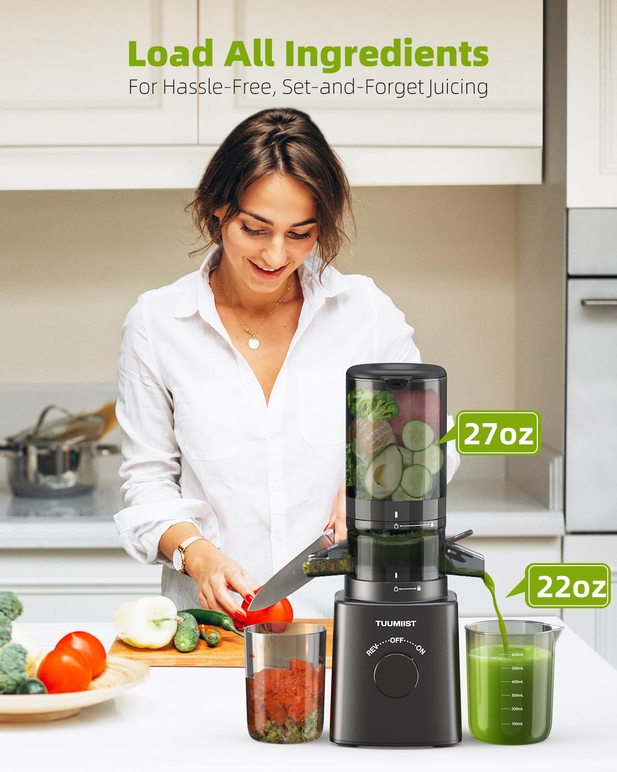 Juicer Machines, TUUMIIST Cold Press Juicer with 4.6'' Large Feed Chute Fit Whole Vegetable And Fruit, Masticating Juicer Easy To Clean, Black