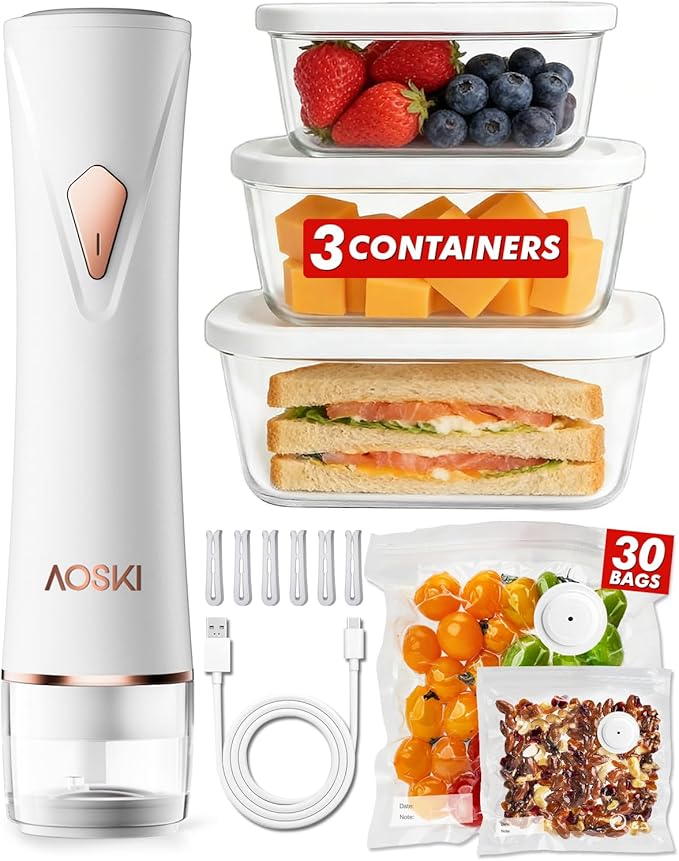 Preserve Compact Vacuum Sealer for Food: Handheld Portable Vacuum Sealer Machine + 3 Glass Vacuum Containers + 30 Vacuum Sealer Bags, Powerful Food Storage for Seal Meal Saver Fridge Sous Vide