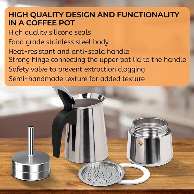 9 Cup 450ml Moka Pot Stainless Steel Espresso Coffee Maker Stovetop Coffeemaker Italian Classic Style Brewing Greca Cafe Mocha Machine for Cafeteras Lover Camping Travel and Home Use 15oz