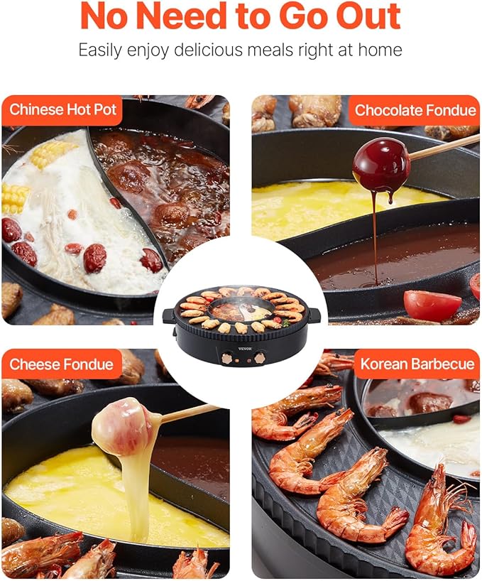 VEVOR Hot Pot with Grill, 1800W 2-in-1 Electric Smokeless Grill and Hot Pot, Korean BBQ Shabu Shabu Hotpot with Separate Dual Temperature Control, Non-stick Pan, for 2-8 People Family Dining