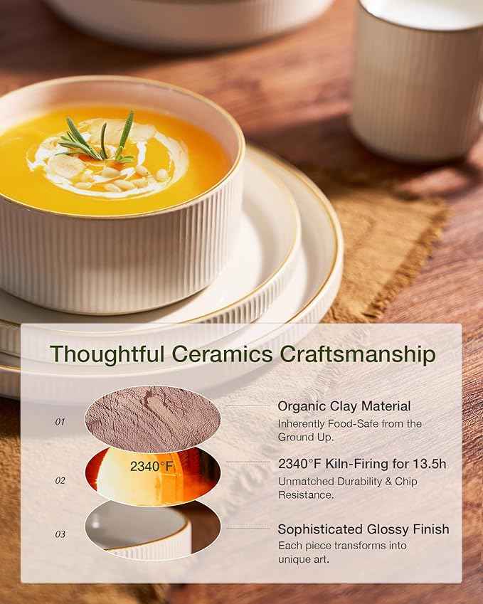 Famiware Star Dinnerware Set with Pasta Bowls, Service for 6 (24 Pieces), Ribbed Stoneware Plates and Double Bowls Sets with Trim - Chip & Scratch Resistant, Microwave & Dishwasher Safe Dishes, White