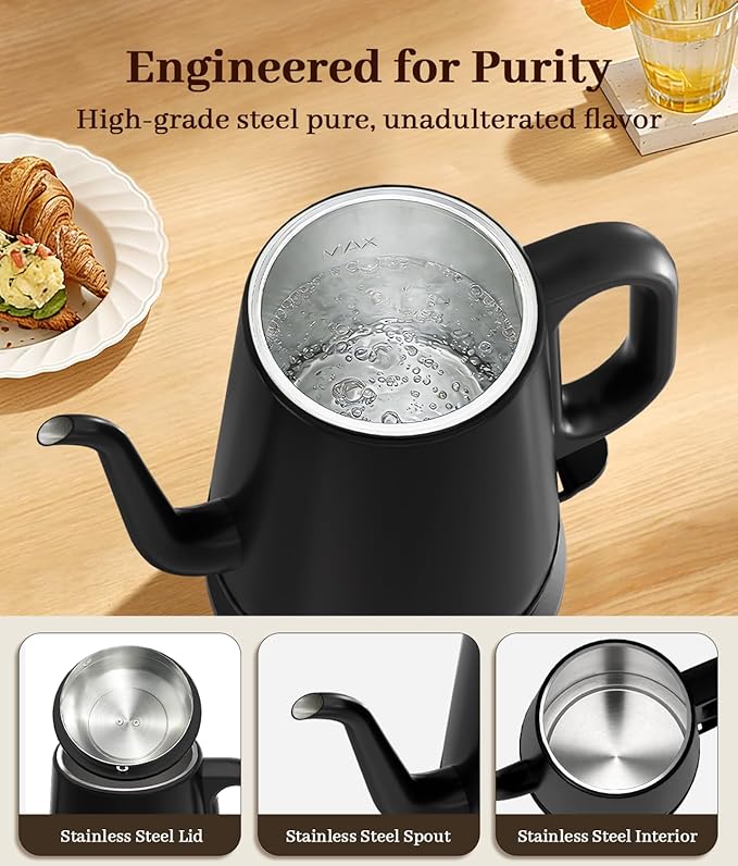 Gooseneck Electric Kettle 1L, 1000W Fast Boiling for Pour-Over Coffee & Tea, 304 Stainless Steel BPA-Free, Precise Flow Spout, Auto Shut-Off & Boil-Dry Protection, Retro Style (Black)