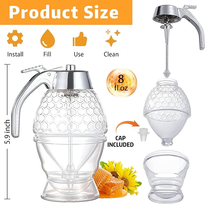 Honey Dispenser - Glass Honey Dispenser No Drip, 8oz Pot with Stand, Maple Syrup Container, Elegant Honeycomb Shaped Jar for Tea Time (general)