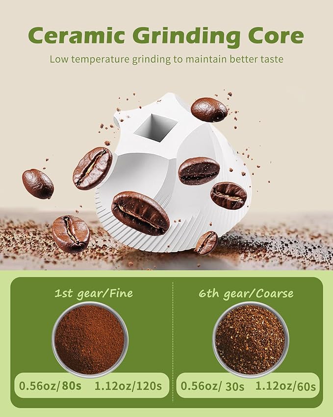 Manual Coffee Grinder with Ceramic Burr, 1.12oz Capacity Handheld Mill for Espresso, Drip, French Press, Cold Brew,with 6 Adjustable Settings & Quiet & Portable Coffee Bean Grinder for Home Use