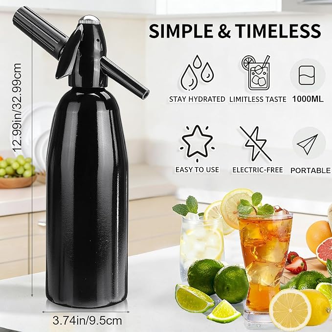 Soda Siphon,1L Sparkling Water and Soda Maker, Portable Carbonated Water Machine, Aluminium Soda Maker for Home & Outdoor, for Cocktails DIY Any Drinks,(8 gram CO2 Cartridges Not Included)