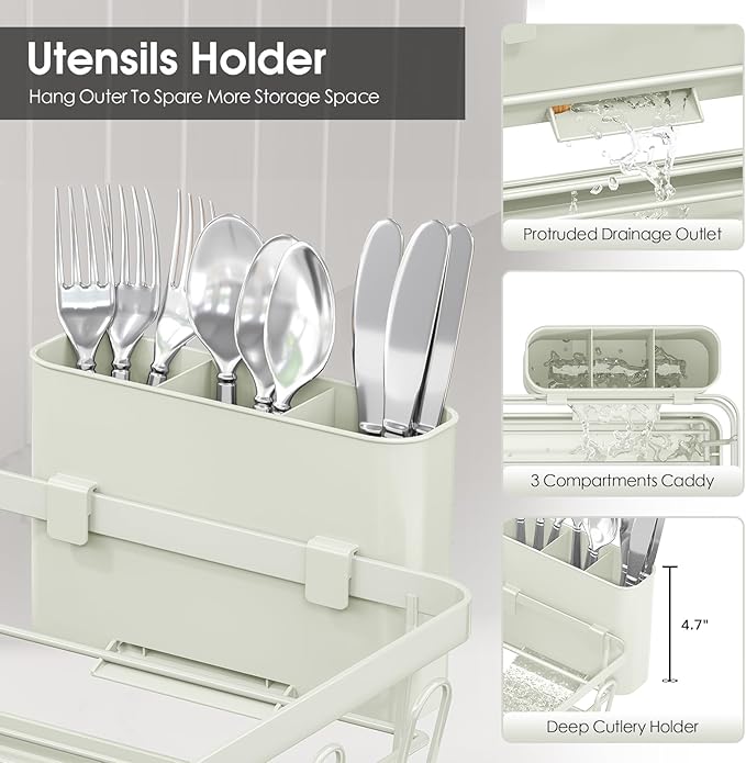 Urackify Dish Drying Rack for Kitchen Counter, Sink Dish Rack with Drainboard, Large Dish Drainer with Cups Holder, Home Countertop Plate Dryer Storage Rack with Cutlery Holder, Soft Celery Green