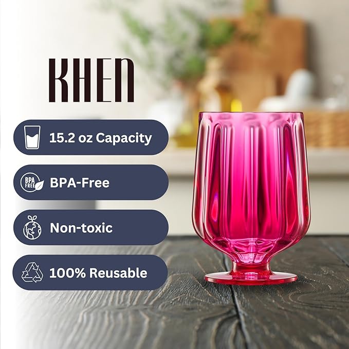 Khen 15oz Unbreakable Premium Drinking Glasses Set of 4 - Super Grade Acrylic Plastic - Perfect For Gifts - European Style Shatterproof BPA-free Glassware Dishwasher-Safe, Indoor & Outdoor (Hot Pink)