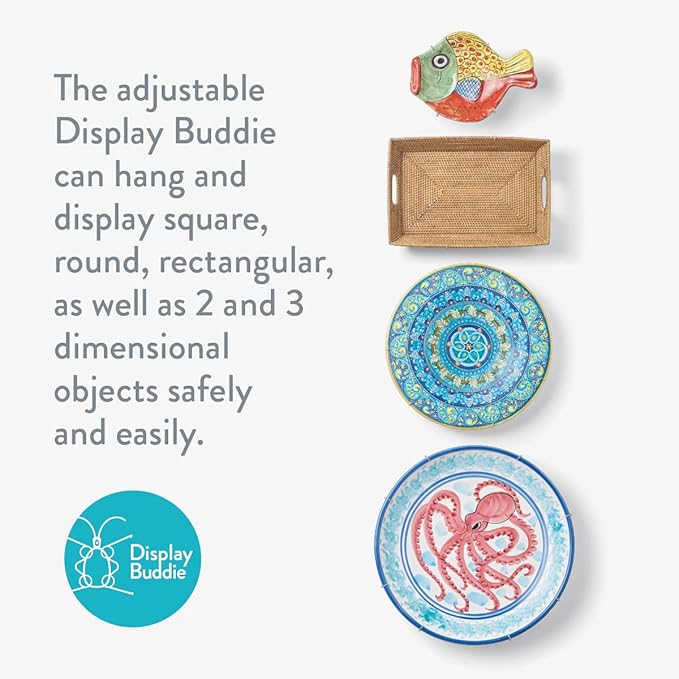 Display Buddie Adjustable Wall Plate Hanger - Secure for Round Platter Bowl Tray Wall Display - Steel - Silicone Hooks - Large 14"-22" up to 8 lbs