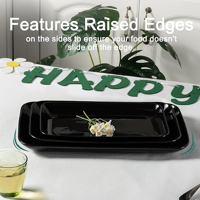 DELLING Large Serving Platter Set of 3, 16/14/12 Inch Porcelain Serving Trays for Party - Black Ceramic Rectangular Platters for Entertaining,Platter for Thanksgiving Christmas, Dishwasher Oven Safe