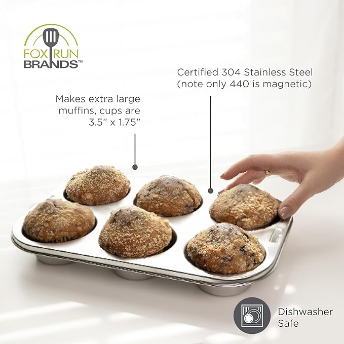 Fox Run Stainless Steel Extra Large Muffin and Cupcake Pan, 6 Cup Jumbo Muffin Tin
