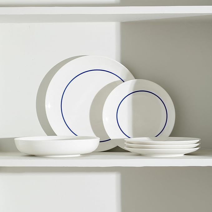Stone Lain Luna 12-Piece Porcelain Dinnerware Set, Plates and Bowls Set, Dish Set for 4, Blue