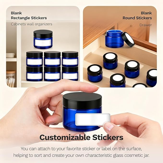 Bumobum 1 oz Blue Glass Jars with Lids, 48 pack Clear Small Jars with Black Lids, White Labels & Inner Liners, Empty Round Cosmetic Containers for Cream, Lotion