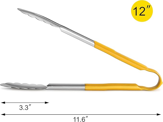 New Star Foodservice 35780 12-Inch Utility Spring Tongs, Stainless Steel, Vinyl Coated, Set of 12, Yellow