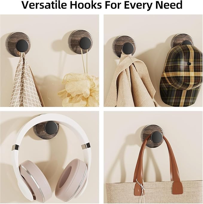 Decorative Suction Cup Hooks, Wreath Hanger, Multi-Purpose Wall Mount for Bathroom, Kitchen, Door, Window, Easy Install 5PCS (Wood Grain)