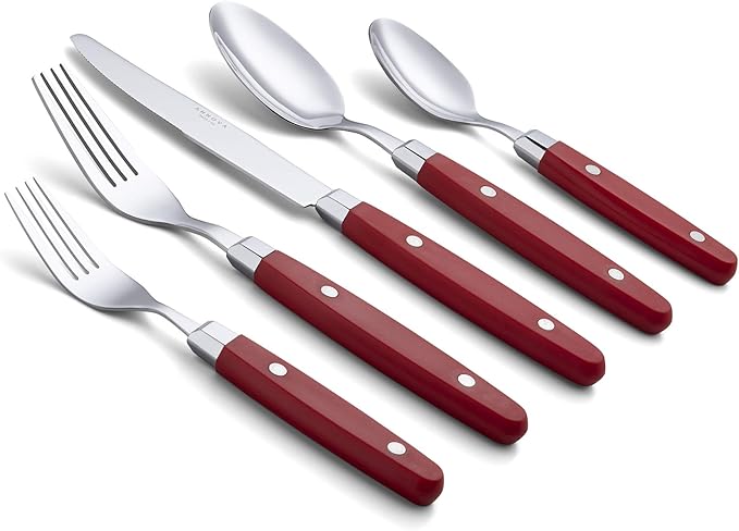 ANNOVA Silverware Set, Retro/Rivet Colorful Stainless Steel Tableware Kitchen Flatware Set Utensils, Includes Dinner Knives, Forks, Spoons, Salad Forks & Dessert Spoons (Red, 20 Pieces)