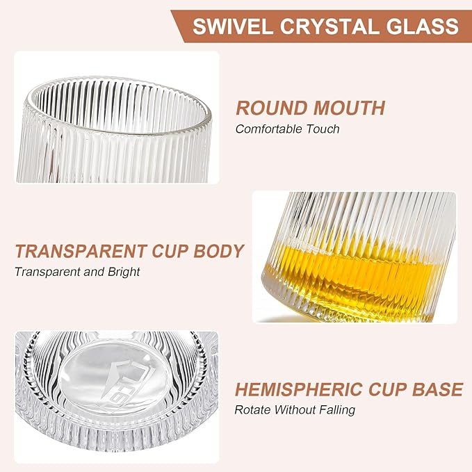 Rotatable Old Fashioned Glass Cup, 275ml/10oz Crystal Whiskey Glass Set of 2, Wood Coaster, Thickening, Used as Rum Glass Cup, Cocktail, Coffee, Milk to Relax and Reduce Stress, Christmas gifts