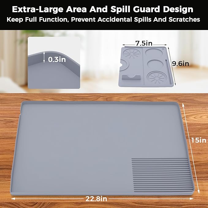 Silicone Coffee Mat for Ninja Luxe Espresso Machine ES601 – Large Anti-Slip Heat-Resistant Coffee Bar Mat for Ninja luxe Cafe Accessories and Most Home Espresso Machines with Convex Edge Gray