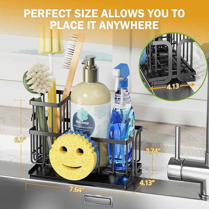 Epicano Sink Caddy Sponge Holder, Smiley Face Sponge Rack with High Brush Holder,Rustproof Kitchen Countertop Organizer,Kitchen Gadgets Sink Accessories, Black