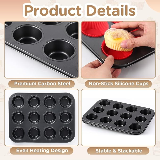 2 Set 12-cup Non Stick Carbon Steel Muffin Pan for Baking with 24 Reusable Silicone Liners, Non Toxic Cupcake Pan Muffin Tin for Easter Wedding Brownies Egg Bite, Easy to Pop(Red)
