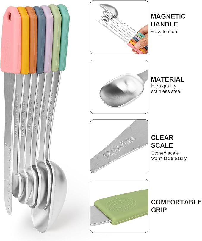 Smithcraft Magnetic Measuring Cups & Spoons Set 15, Stainless Steel Measuring Cups and Spoons Set, Color Heavy Duty Metal Measuring Cups&Spoons Set w/Leveler & Measure Equivalents for Cooking & Baking