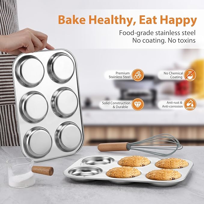 E-far Muffin Top Pan Set of 3, Stainless Steel 6-Cavity Shallow Cupcake Pan for Baking Whoopie Pie, Yorkshire Pudding, Eggs, Cornbread, Drop Cookies, Non-toxic & Standard Size, Oven & Dishwasher Safe