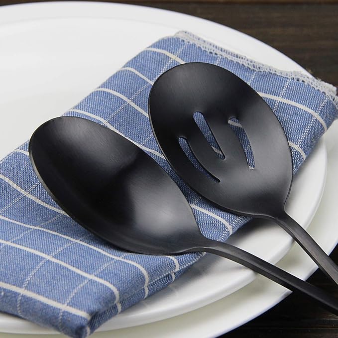 AOOSY 8.7Inch Matte Black Stainless Steel Serving Spoon Set, Serving Spoons x 3, Slotted Spoons x 3 Utility Advanced Buffet Utensils, Premium Skimmer & Perforated Design