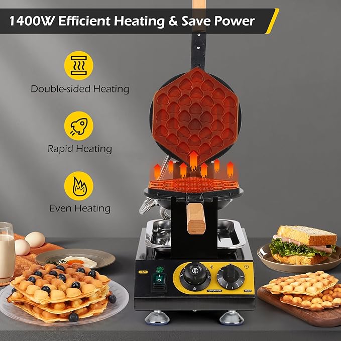Dyna-Living Commercial Bubble Waffle Maker, 1400W Non-stick Egg Waffle Maker with Crumb Tray, 30 Egg Cones Heart Shape Hong Kong Style Bubble Waffle Machine, 180 Rotating