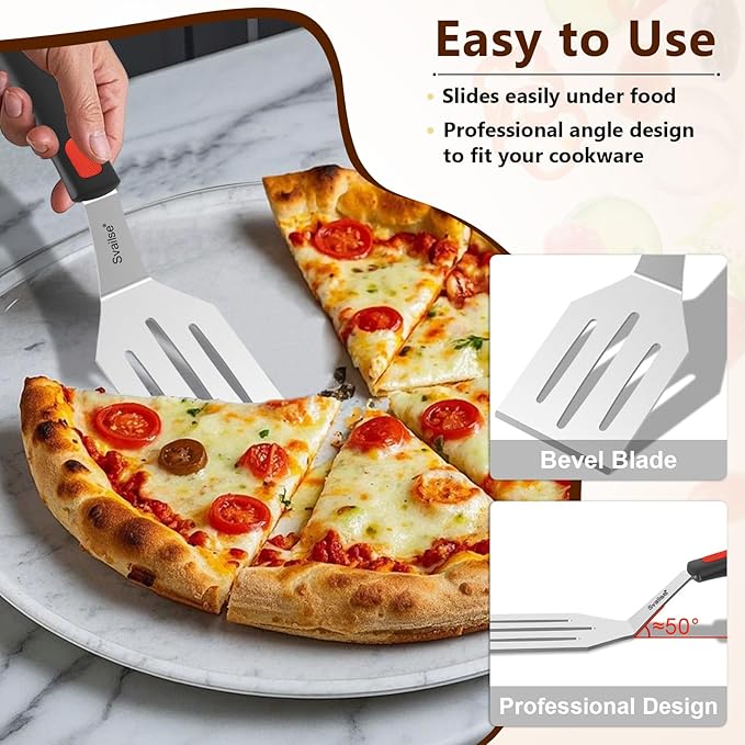 2Pcs Stainless Steel Spatula Set, Metal Turners for Kitchen Use, Metal Cooking Utensils for Cast Iron Skillet with Silicone Handle, Spatula Flipper for Frying Egg, Brownie, Cookies or Pancake
