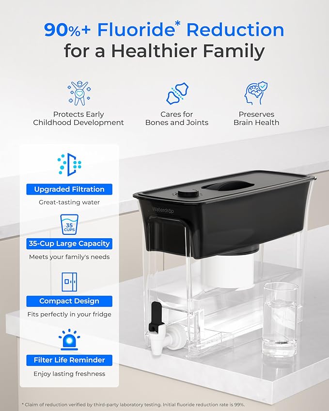 Waterdrop Fluoride-Reducing Water Filter Dispenser, 35-Cup, 150-Gallon Long-Life, Large Capacity, Reduces Chlorine, PFOA/PFOS and More, BPA Free, Black (with 1 Filter)