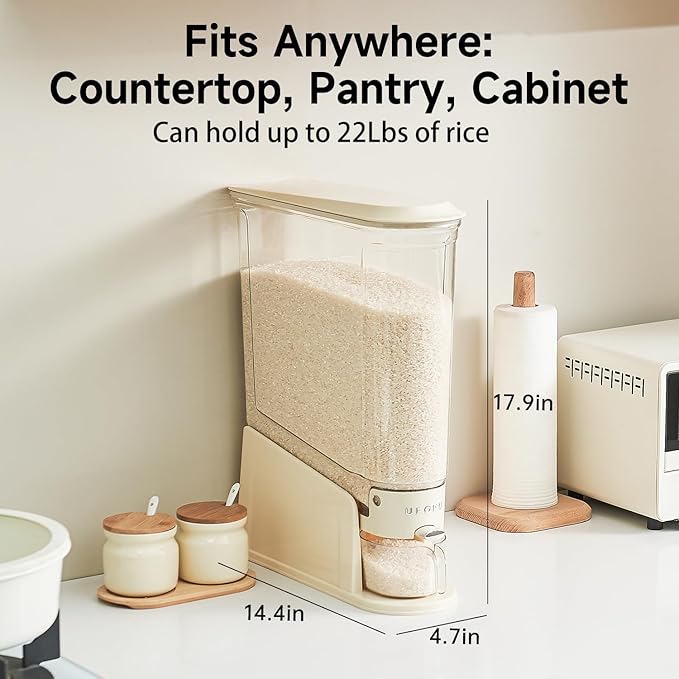 Rice Dispenser 22Lbs, Slim Rice Storage Container for Small Space, BPA-Free Clear Dry Food Dispenser Sealed Moisture Proof, Grain&Cereal Storage Bucket for Kitchen Pantry Household, Cream White