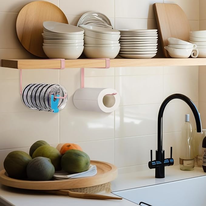 2 Pack Tumbler Lid Organizer, Horizontal Tumbler Lid Storage Hook Up to 20 Lids, Space Saving Cup Lid Holder Under Cabinet Tumbler Lid Hook for Kitchen Organizer, Paper Towel Hanger(Round&Flat, Pink)