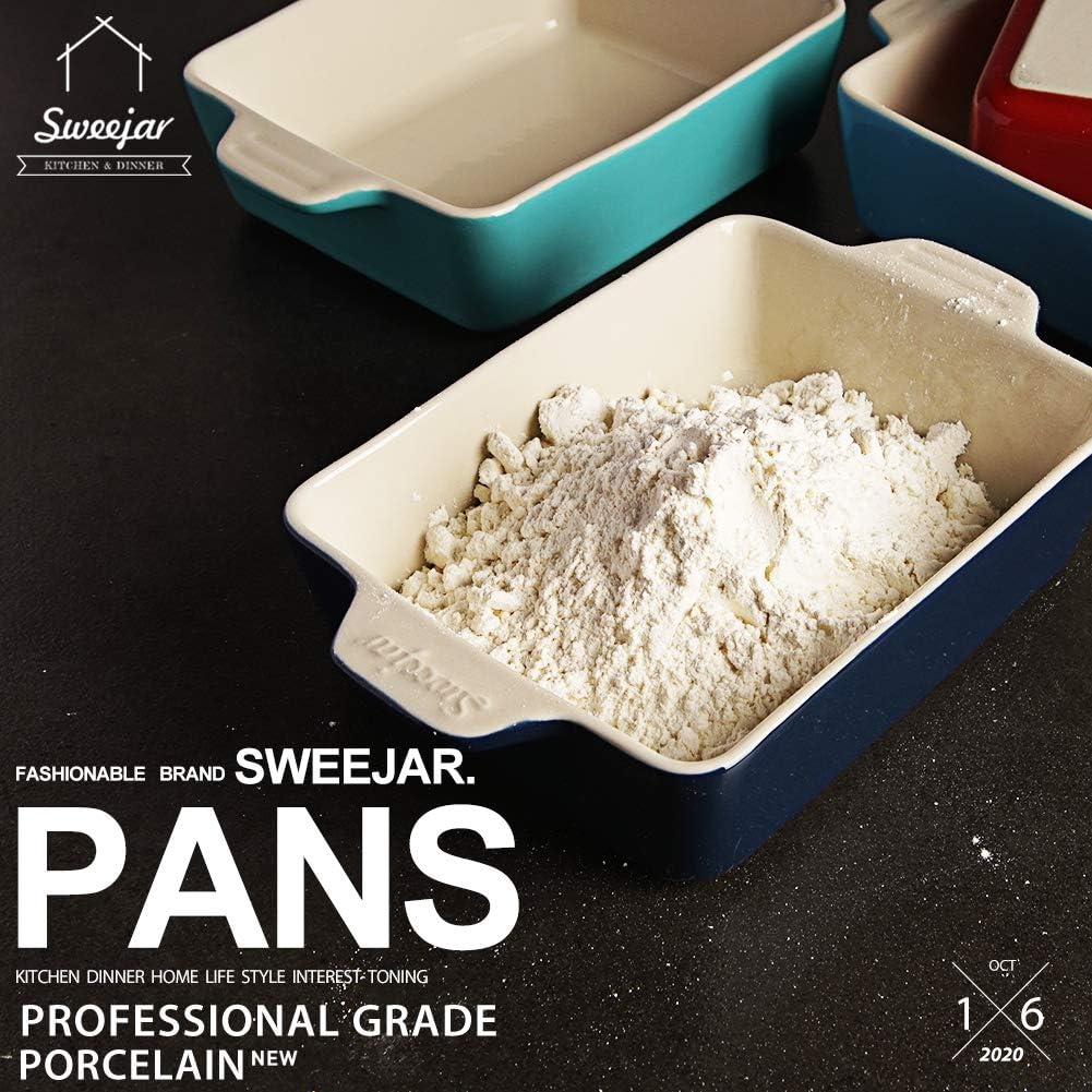 Sweejar Ceramic Baking Dish, Rectangular Small Baking Pan with Double Handles, 20 Oz for Cooking, Brownie, Kitchen, 6.5 x 4.9 x 1.8 Inches(Turquoise)