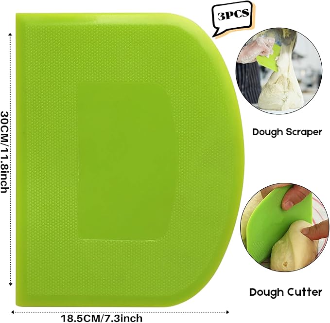 SURDOCA Dough Scraper Bench Scraper - 3P 11.8x7.3" Plastic Flexible Bowl Scraper, Sharp Edge & Angles Cake Scraper. Non-Slip Bakeware Decorating Tools Sculpting & Modeling Tools - White+Yellow+Green