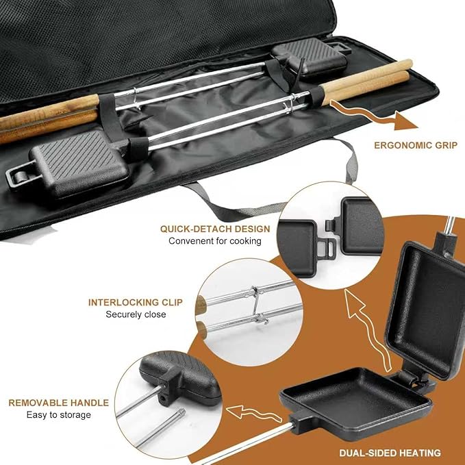 5 Inch Pie Irons for Camping Large Cast Iron Sandwich Maker 2 PCS with Storage Bag 23" Thickened Handles for Campfire Cooking Equipment