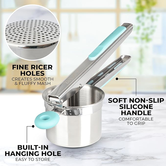 Zulay Kitchen Premium Large 15oz Potato Ricer, Heavy Duty Professional Stainless Steel Potato Masher and Ricer Kitchen Tool, Press and Mash Kitchen Gadget - Turquoise